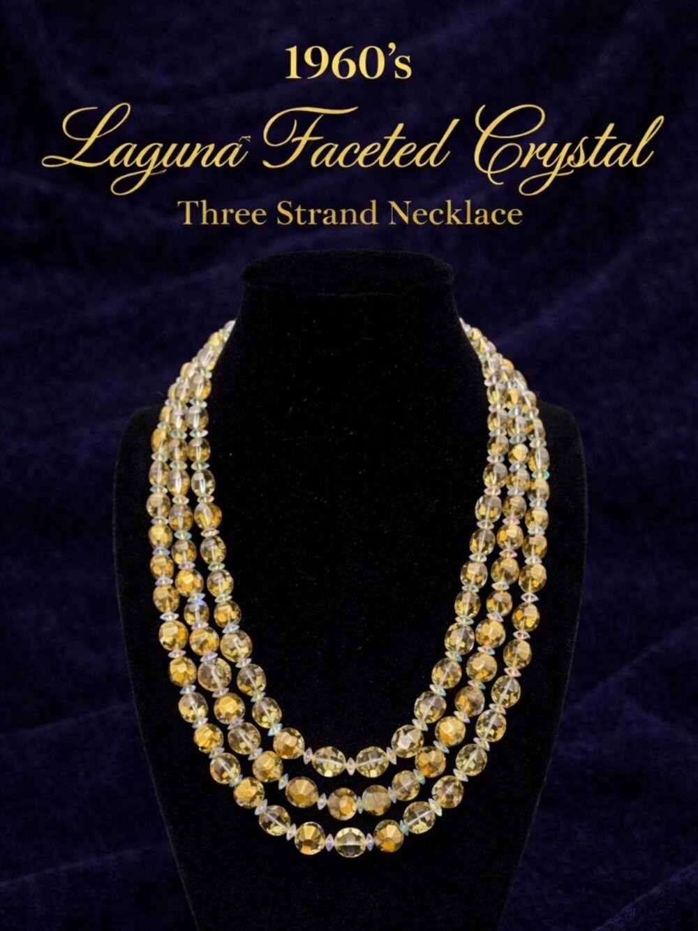 1960s Laguna Crystal Necklace Three Strand, Vintage Faceted Bead Necklace